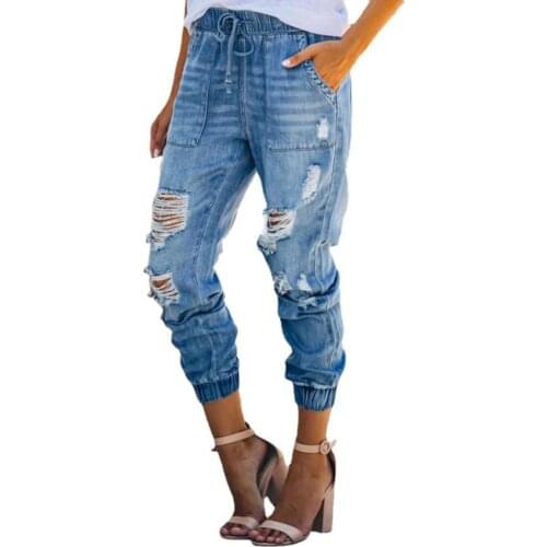 Women Jeans Solid Color Ripped Pockets Harem Pants Elastic Waist Drawstring Hole Loose Leggings Trousers Casual Pants