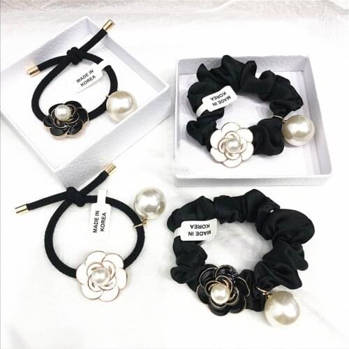 Women Elastic Hair Ties Bands Adult Black Camellia Flower Pearl Fashion Head Wear Girl Hair Accessories резинки для волос