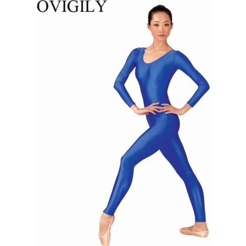 OVIGILY Womens Spandex Lycra Gymnastics Unitard Adults Royal Blue Long Sleeve Full Body Suits Exercise Unitards Scoop Neckline