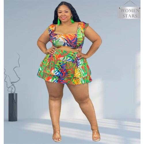 Sling Plus Size Women Clothing Sexy Skirt Two Pieces Sets Above Knee Printing Ruffles Fashion Casual Wholesale Dropshipping