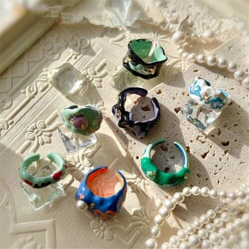 AOMU New Fashion Colorful Dripping Oil Rings Natural Pearl Hand-Painted Geometric Open Ring for Women Girls Party Jewelry Gift