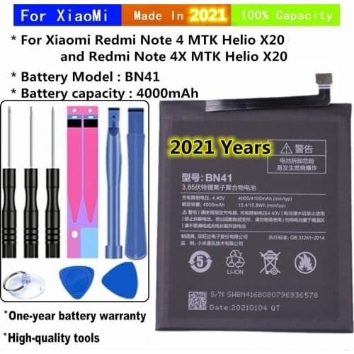 2021 Years for Xiaomi Redmi Note 4 MTK Helio X20 / Redmi Note 4X MTK Helio X20 Mobile battery BN41 4000mAh Replacement batteries