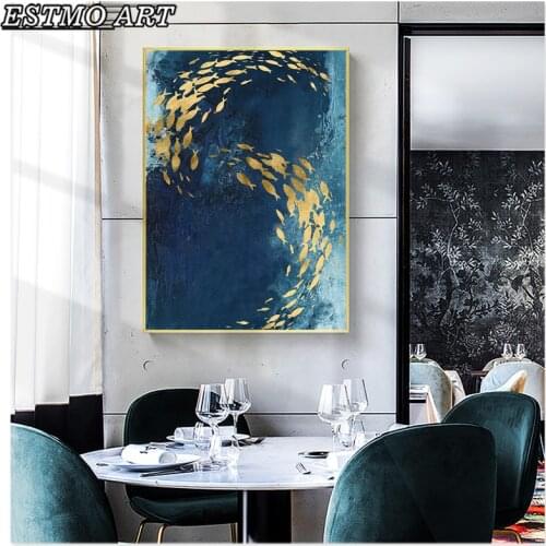 Blue Green Abstract Wall Art Canvas Painting Golden Fish Group Poster and Prints Nordic Ocean Landscape Living Room Decoration