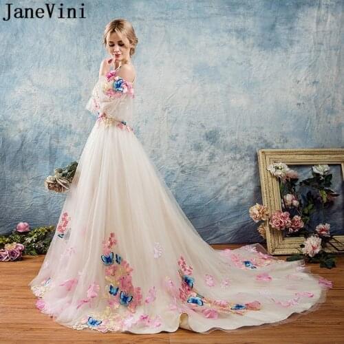 JaneVini Fantastic Long Prom Dresses 2020 Champagne Butterfly Decoration 3D Flowers Bow Tulle Ball Gowns Party Bridesmaid Dress