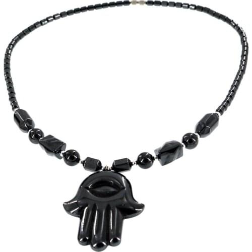 FYJS Unique Silver Plated Black Obsidian Stone Pendant Hand Shape Necklace Ethnic Style Jewelry