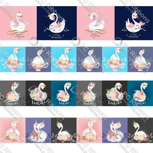 16-75mm Cartoon Swan Queen Princess Printed Grosgrain Ribbon&Elastic Foe Ribbons DIY Hair Bows Sewing Webbing 50 Yards