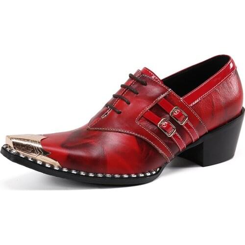 Fashion Trending Buckle Metal Pointed Toe Leather Shoes Plus Size Man Business Party High Heels Mens Wedding Formal Shoes