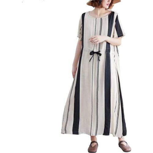 2021 New Summer Dress Loose Fashion Comfortable Striped Women Long Dresses Vestidos Robe Vintage Large Size Women Dress
