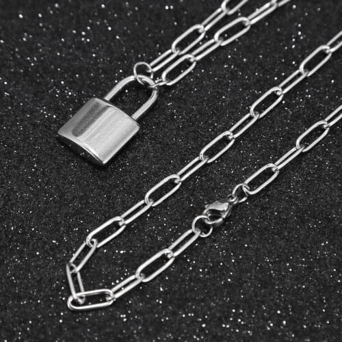 Fashion Lock Shape Pendant Necklace, 20 inches Stainless Steel Punk Chain Choker Necklace for Women and Men