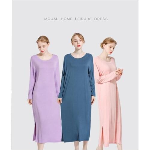 Casual Modal Long Nightdress Women Full Sleeve Homewear Soft Solid Color Round Neck Sleepdress Simple Mom Big Size Clothes