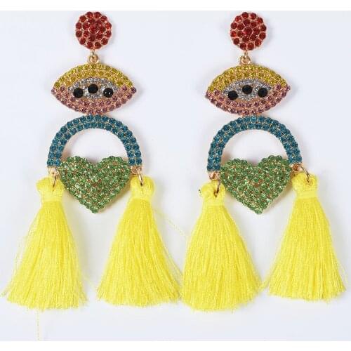 Luxury Crystal Heart Eye Tassel Earrings Women Indian Ethnic Statement Big Drop Earrings Shine Rhinestone Bridal Hanging Earring