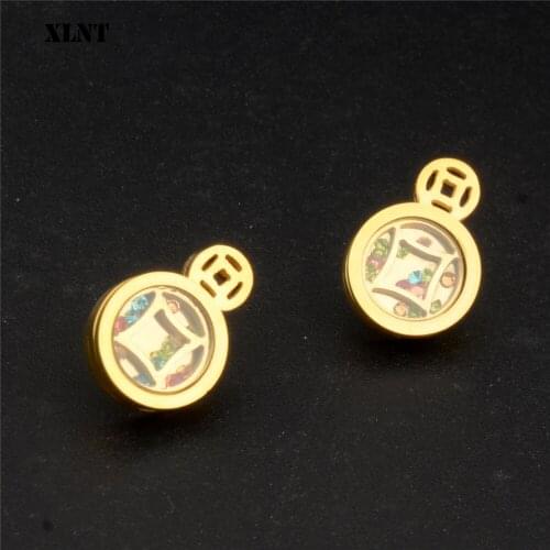 XLNT Luxury Female Crystal Stud Earrings Simple Stainless Steel Earrings For Women Vintage Double Circle Earrings