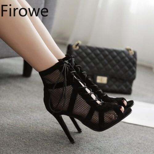 Firowe Women Fashion Sandals Lace Up Peep Toe High Heel Ankle Strap Net Surface Hollow Out Sandals sandalias de tacon
