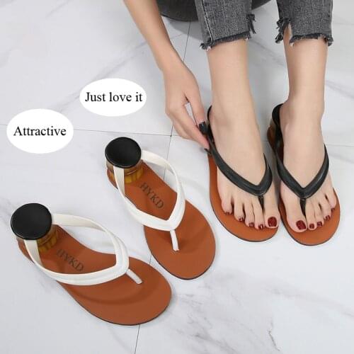 Summer New Fashion All Match Outside Holiday Beach Shoes Personality Flip Flop Mid Heel Slippers Women Cool Sexy Elegant Sandals