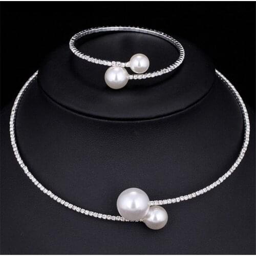 Bride Wedding Jewelry Accessories Pearls Rhinestones Adjustable Necklace Bracelet Two Pieces Set Choker Clavicle Necklaces
