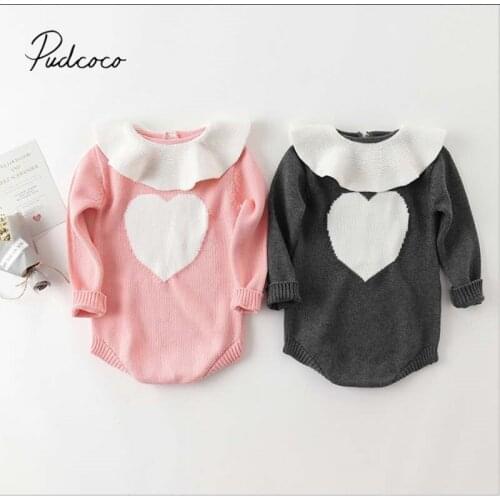 2020 Baby Spring Autumn Clothing Infant Kid Baby Girl Knitted Bodysuit Long Sleeve Jumpsuit Heart Ruffled Neck Warm Playsuit