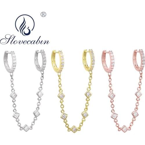 Slovecabin 925 Sterling Silver DoubleChain Huggie Hoop Earrings Zircon Crystal Piercing Earrings Femme Luxury Femme Fine Jewelry