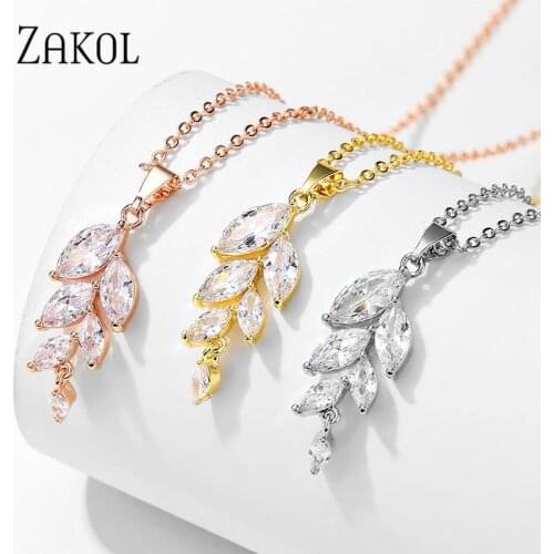 ZAKOL Fashion Cubic Zircon Leaf Shape Link Chain Pendant Necklaces for Women Shinny Crystal Wedding Anniversary Jewelry FSNP2205