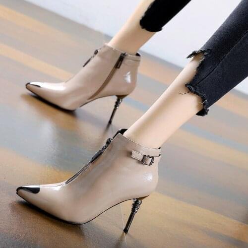 New Women Boots Ankle PU Leather Zipper Booties High Heels Autumn Shoes Black Winter Boots Zapatos De Mujer Pointed Toe