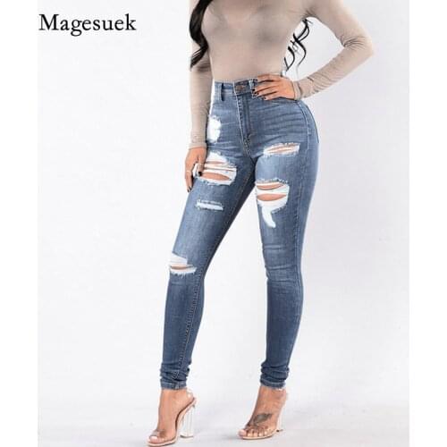 Solid Washed Jeans Skinny Jeans for Women 2021 Autumn Women Fashion Denim Jeans Pencil Pants High Waist Ripped Jeans Mujer 16217