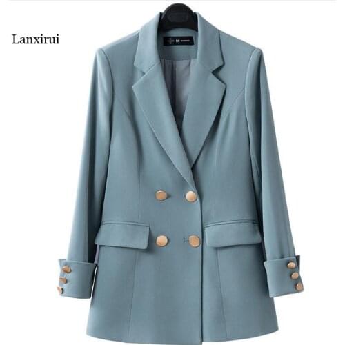 Temperament Korean Style Casual Women Elegant Long Sleeve Double Breasted Blazer Suits Solid Office Ladies Formal Blazer