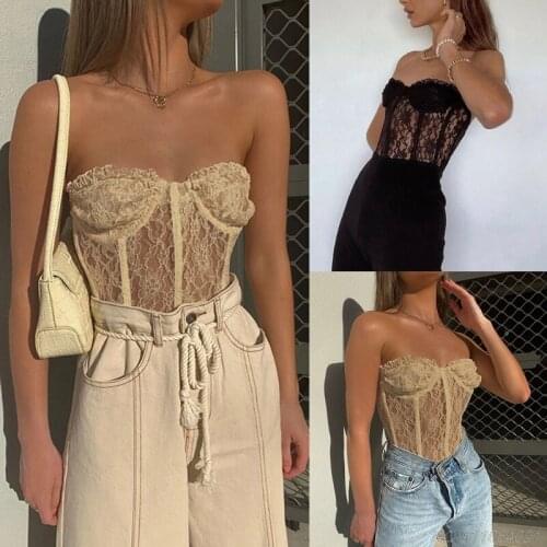 Women Sexy Strapless Sheer Mesh Crop Top Ruffles Floral Lace See-Through Corset Bustier Club Party Bralette Underwear wholesales