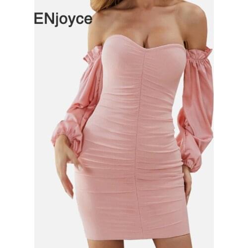 Women Fashion Pink Off-Shoulder Bandage Dress Long Sleeve Sexy Slim V Neck Celebrity Evening Prom Party Club Mini Dresses