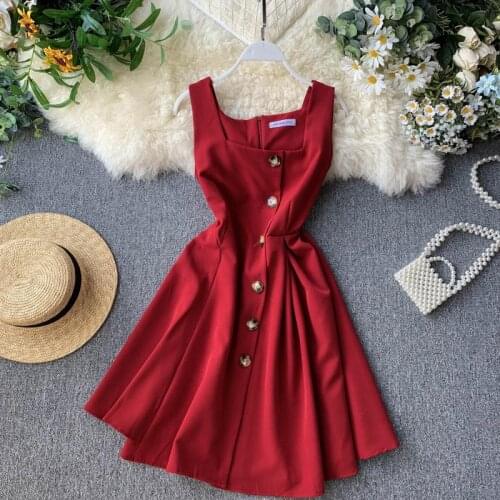 Trendy Fad Summer Vintage Vest Square Collar Mini Dress Women Button Sleeveless Asymmetric Dress Lady Casual Short Dresses