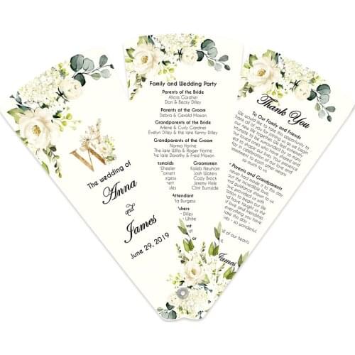 50pcs Wedding Program Petal Fans Assembled Single page Customized printed three pages