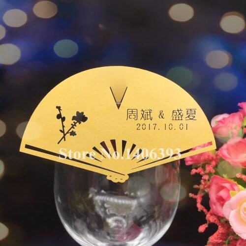 60pcs Plum Flower Chinese Fan Glass Card Laser Cut Wedding Party Table Name Place Card Wedding Party Decoration Table Decoration