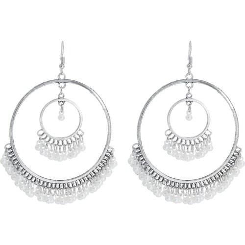Afghan Ethnic Gypsy Jumkas Earrings Golden Silver-color Alloy White Beaded Tassels Ladies Round Earrings Popular Egypt Jewelry