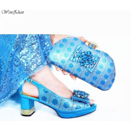 Sky Blue Color Shoes and Bag African Sets Italian Shoes Match Bag Set Decorated with Rhinestone 6.5cm party set WENZHAN E912-29