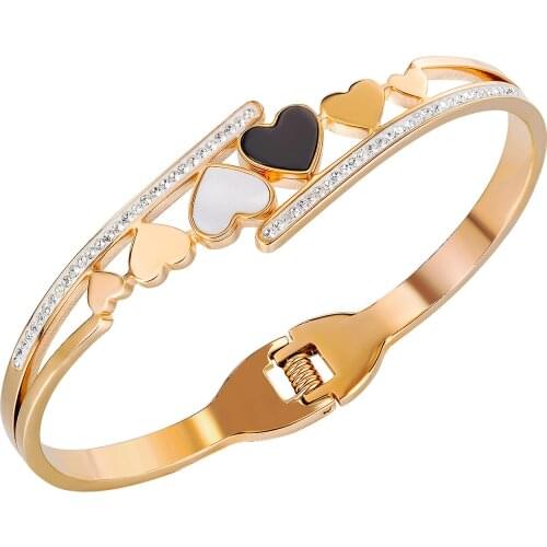 Cyue European 316L Stainless Steel Rose Color Hearts Bangle With AAA CZ For Women Girl Fashion Jewelry Gift ZYBG055