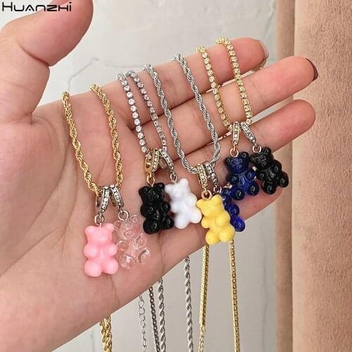 HUANZHI 2021 New Colorful Pearl Zircon Smiley Resin Candy Bear Pendant Metal Chain Necklace for Women Girls Party Jewelry Gifts