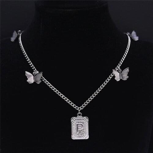 Hip Hop Butterfly Stainless Steel P Letter Necklaces Silver Color Statement Necklace Jewelry collier lettre initiale N7002PS03