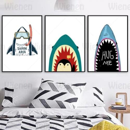 Cartoon Cute Kids Posters Diving Shark Mouth Penguin Canvas Painting Prints Creative Pictures Nursery Wall Art Living Room Decor