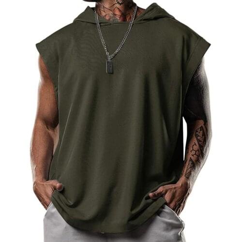 Summer Men Tanks Top Hooded Solid Color Plus Size Male Sleeveless Sports Top Loose Sleeveless Fitness Vest Party Sweatshirt