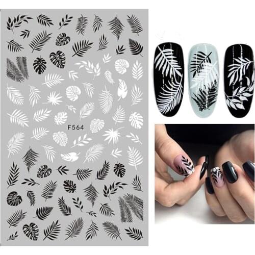 Black White 3D Nail Art Stickers Adhesive Transfer Sticker Flower Tropical Plants Image Nail Art Decals Slider DIY Decorations