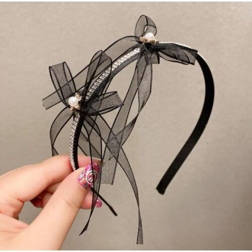 Retro French double shiny rhinestone haibands net red new hairpin women summer black gauze bow hair accessory