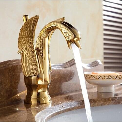 Luxury Copper hot and cold water taps swan faucet Golden Finished basin faucet Mixer Taps G1081