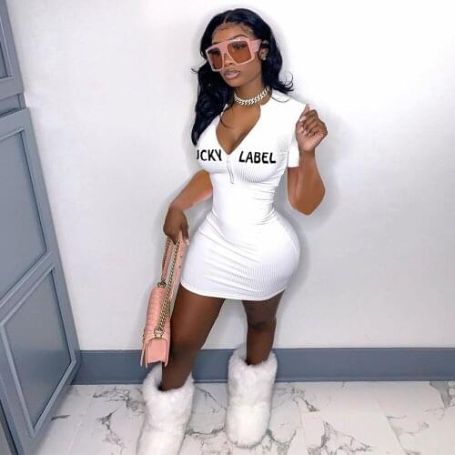 Lucky Label Letter Embroidery Knitted Mini Dress Women Sexy Deep V-neck Short Sleeve Bodycon Dress Streetwear Zipper Up Outfit