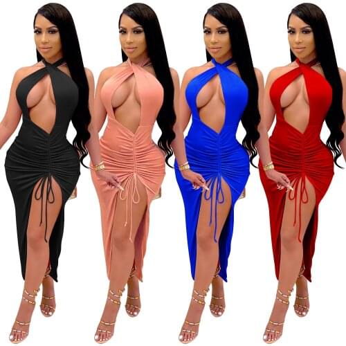 Zoctuo Sexy Backless Women Dress Hollow Out Maxi Dresses Fashion Autumn Halter Sleeveless Drawstring Party Dresses For Women