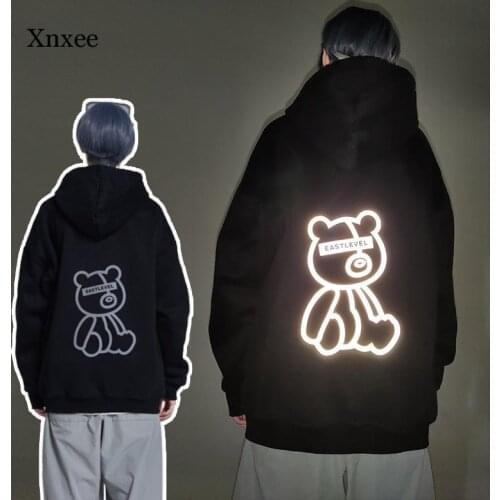 Spring Autumn Reflective Light Bear Fleece Outdoor Sweatshirt Women Men Oversized Hoodie Thick Winter Kangaroo Pocket Clothing