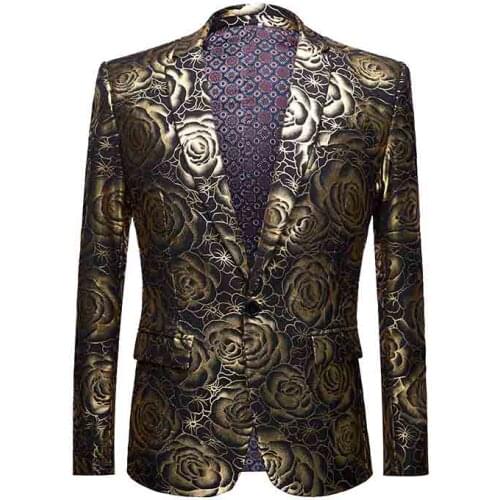 Stylish Gold rose Pattern Casual Blazer Men Suit Jacket British Gentleman Wedding Grooms Slim Fit Fashion Coat Outfit