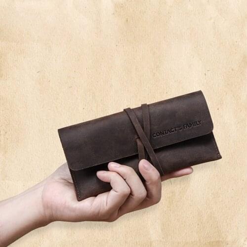 Handmade Cowhide Leather Pen Bag Retro Vintage Roll Pencil Case Pouch Stationery Box for School Supplies Office Home Art Travel