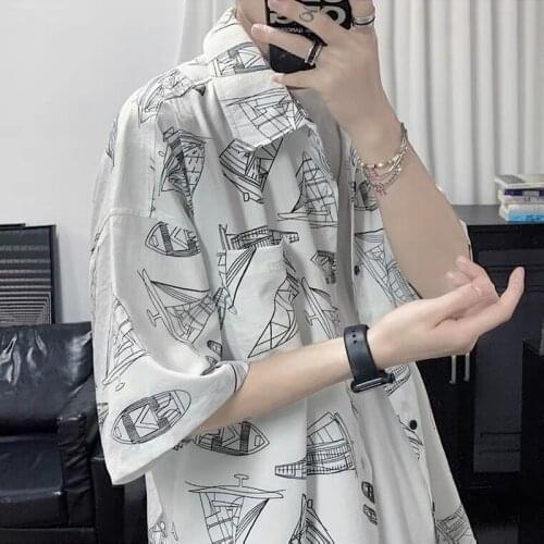 Vintage shirt mens summer Korean fashion 5-point sleeve handsome short sleeve ruffian handsome Japanese loose shirt