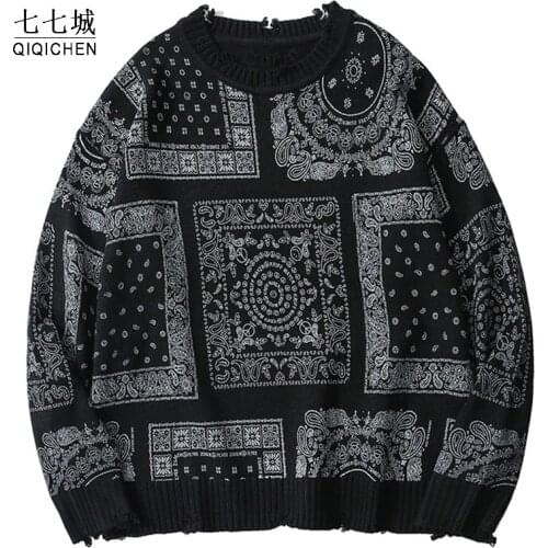 Cashew Flowers Sweater Men Women Oversized Harajuku Streetwear Punk Hiphop Knitting Pullover Paisley Knitwear Vintage Hole Tops