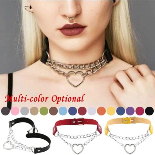Women Chain Choker Necklace Heart Metal Leather Collar Bondage Necklace Basic Punk Stainless Steel Necklace for Men Women