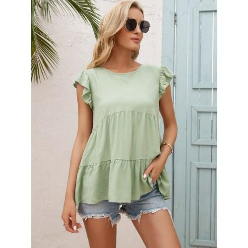 Womens round neck petal cuffs buttons solid color cotton and linen series casual comfortable loose shirt
