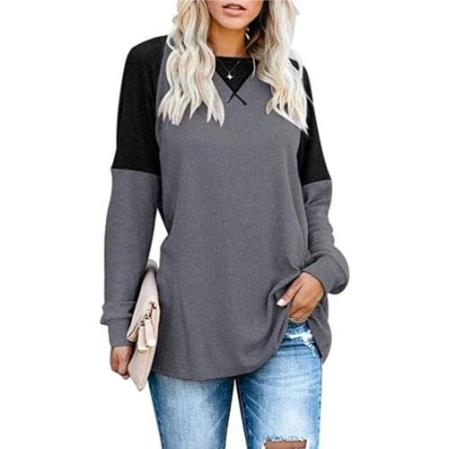 Winter Autumn Patchwork Long Sleeved O Neck Tops Womens Fashion Casual Loose Plus Size Tunic T Shirt Solid Color Pullovers